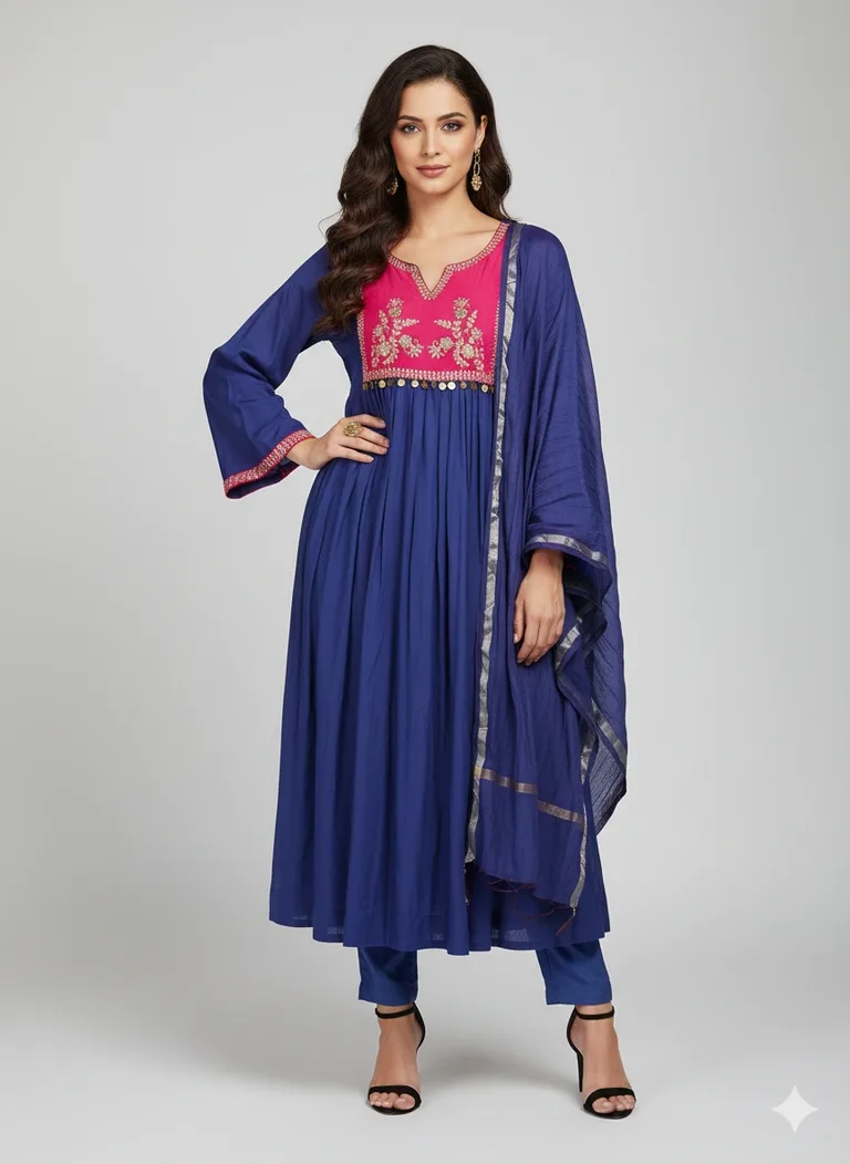 Indigo Blue Mul Chanderi Suit with Pink Embroidery & Gold Coin Detail