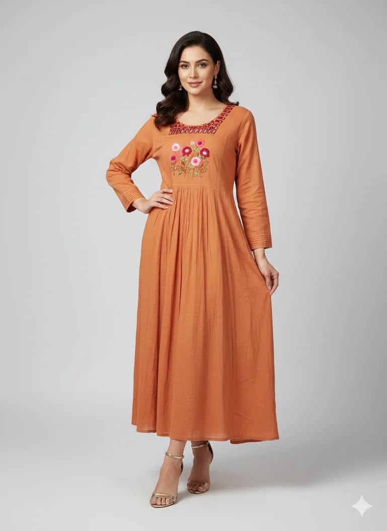 Rustic Orange Mul Cotton Dress with Floral & Geometric Embroidery - ethnic Indian fashion from Swathi Design