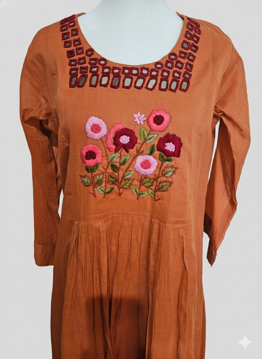 Rustic orange mul cotton dress with long sleeves, floral embroidery and geometric neckline, Indian ethnic wear