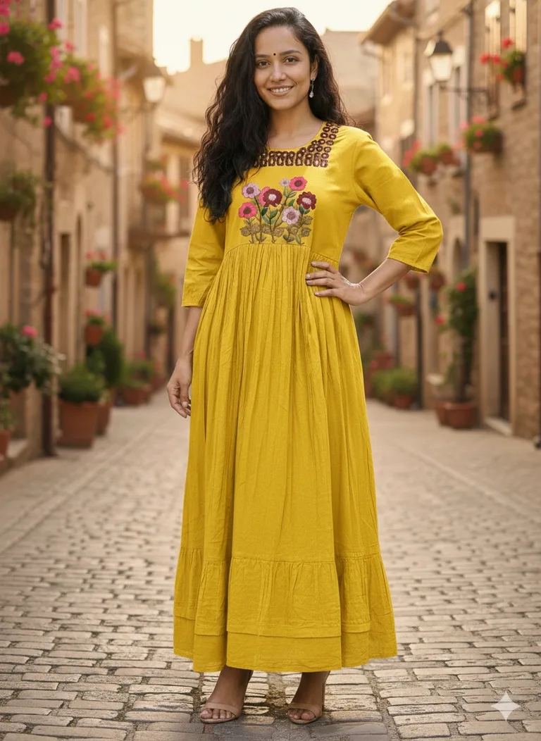 Mustard Yellow Mul Cotton Frock with Hand Embroidery & Tiered Design - ethnic Indian fashion from Swathi Design