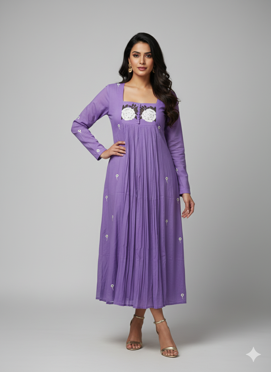 Lavender mul cotton hand-embroidered frock for women with square neckline, long sleeves, and delicate white accents.