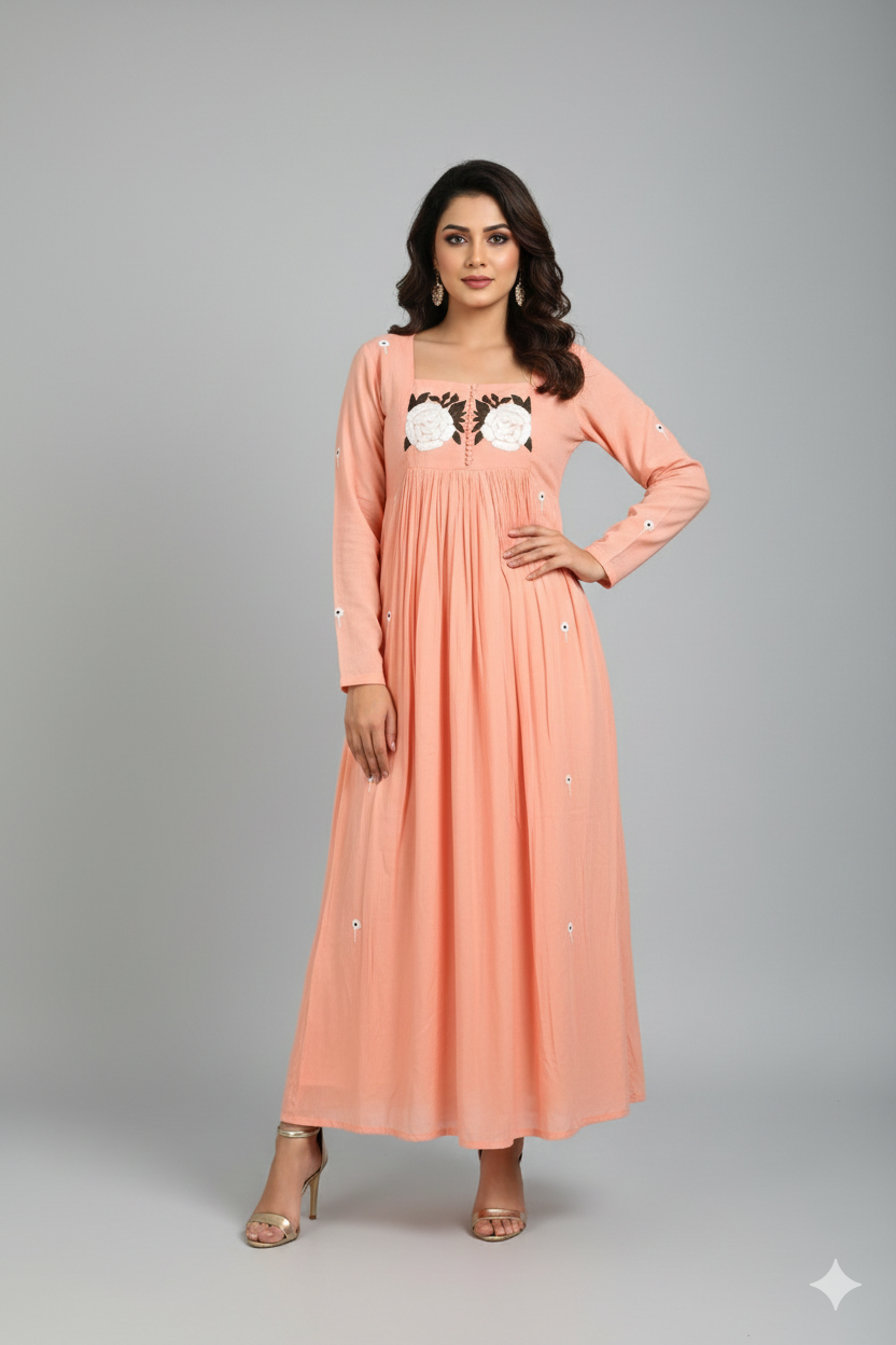 Soft peach mul cotton ankle-length dress with long sleeves, white rose embroidery on bodice, perfect for summer wear