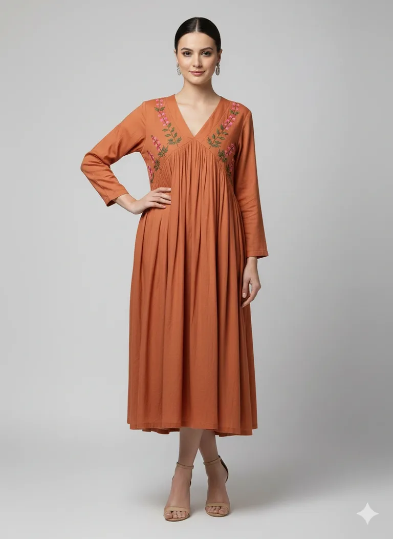 Rustic Orange Mul Cotton Frock with Floral Embroidery for Festive Wear - ethnic Indian fashion from Swathi Design