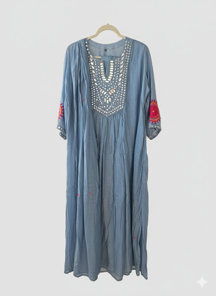 Dusty blue mul Chanderi Anarkali dress with mirror work on the yoke and pink floral embroidery on the sleeves.