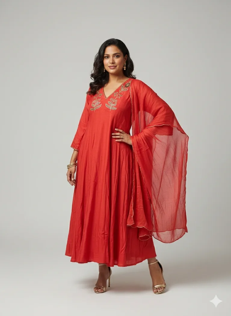 Red Chanderi Anarkali Dress with Gold Zari for Weddings & Festivals - ethnic Indian fashion from Swathi Design