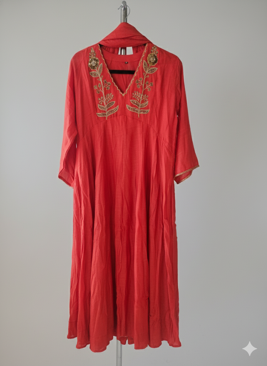 Red pure mul Chanderi Anarkali dress with gold zari embroidery on the neckline, three-quarter sleeves, ideal for weddings and festivals