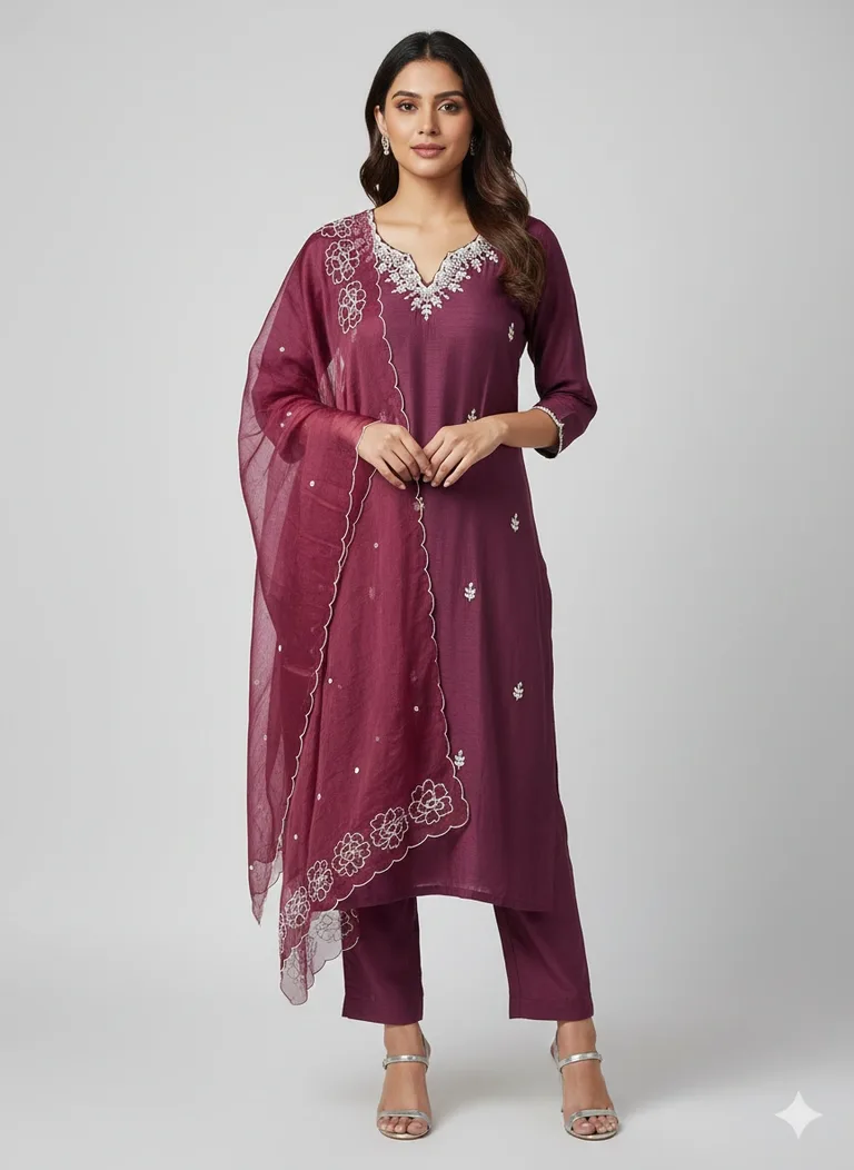 Deep Wine Silk Embroidered Suit with Scalloped Dupatta - ethnic Indian fashion from Swathi Design