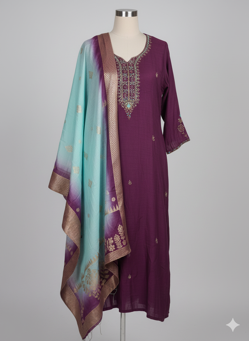 Deep plum dola silk suit set with intricate hand embroidery, paired with an ombre teal and gold zari dupatta