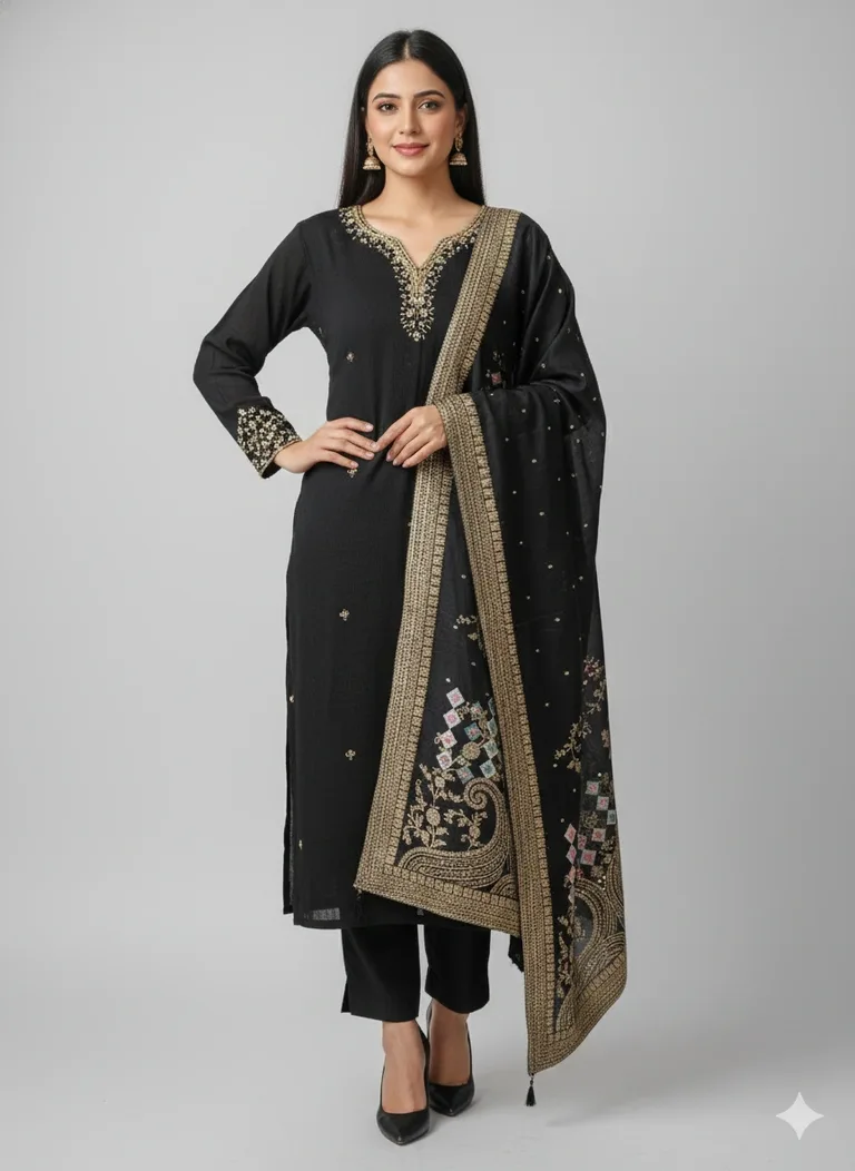 Jet Black Chinon Silk Suit with Gold Zari Dupatta - Wedding Wear - ethnic Indian fashion from Swathi Design