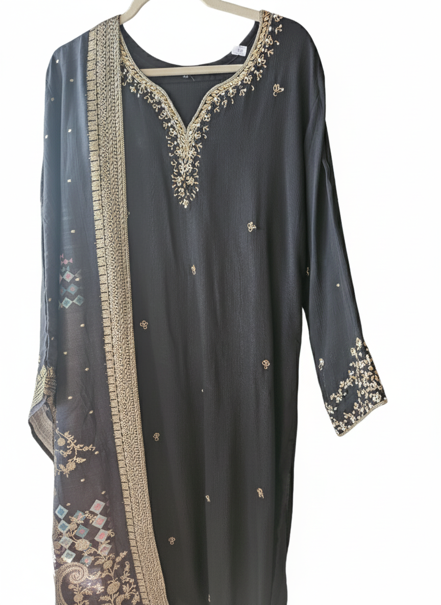 Jet black pure Chinon silk suit set with intricate gold zari embroidery and festive dupatta, elegant ethnic attire