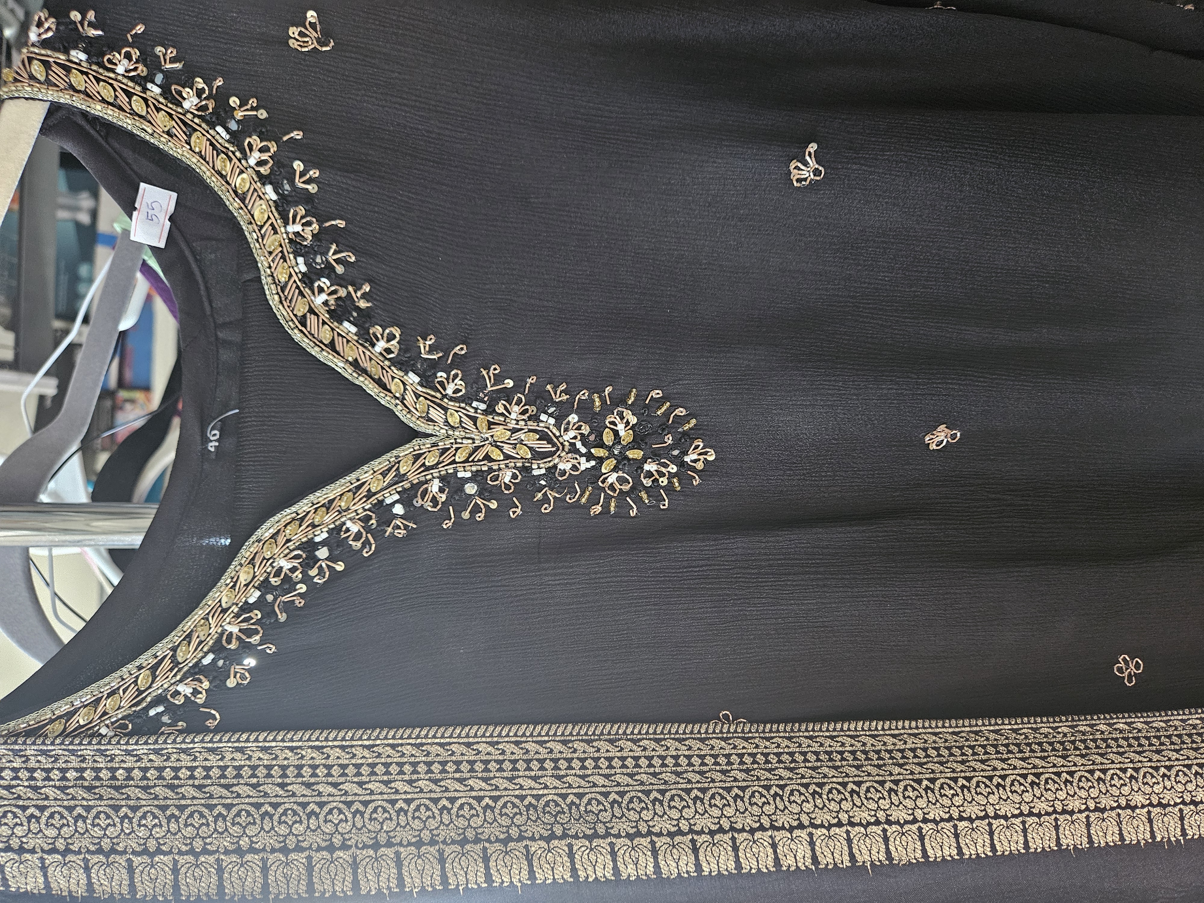 Jet black pure Chinon silk suit set with intricate gold zari embroidery and matching festive dupatta, elegant ethnic wear
