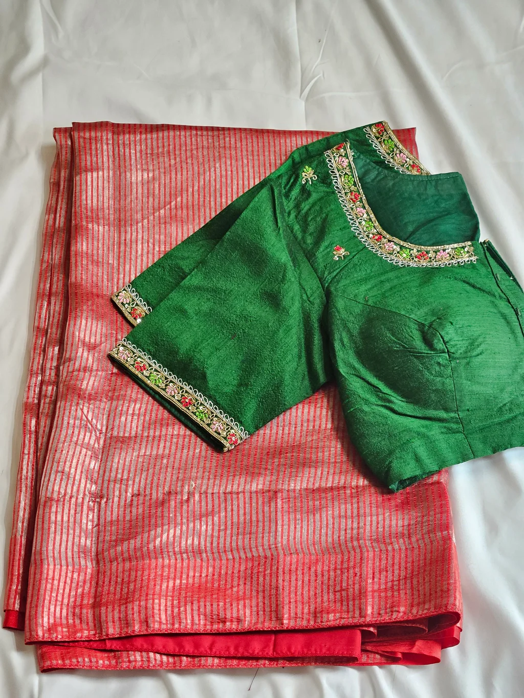 Red Banarasi Tissue Saree with Green Maggam Embroidered Blouse - ethnic Indian fashion from Swathi Design