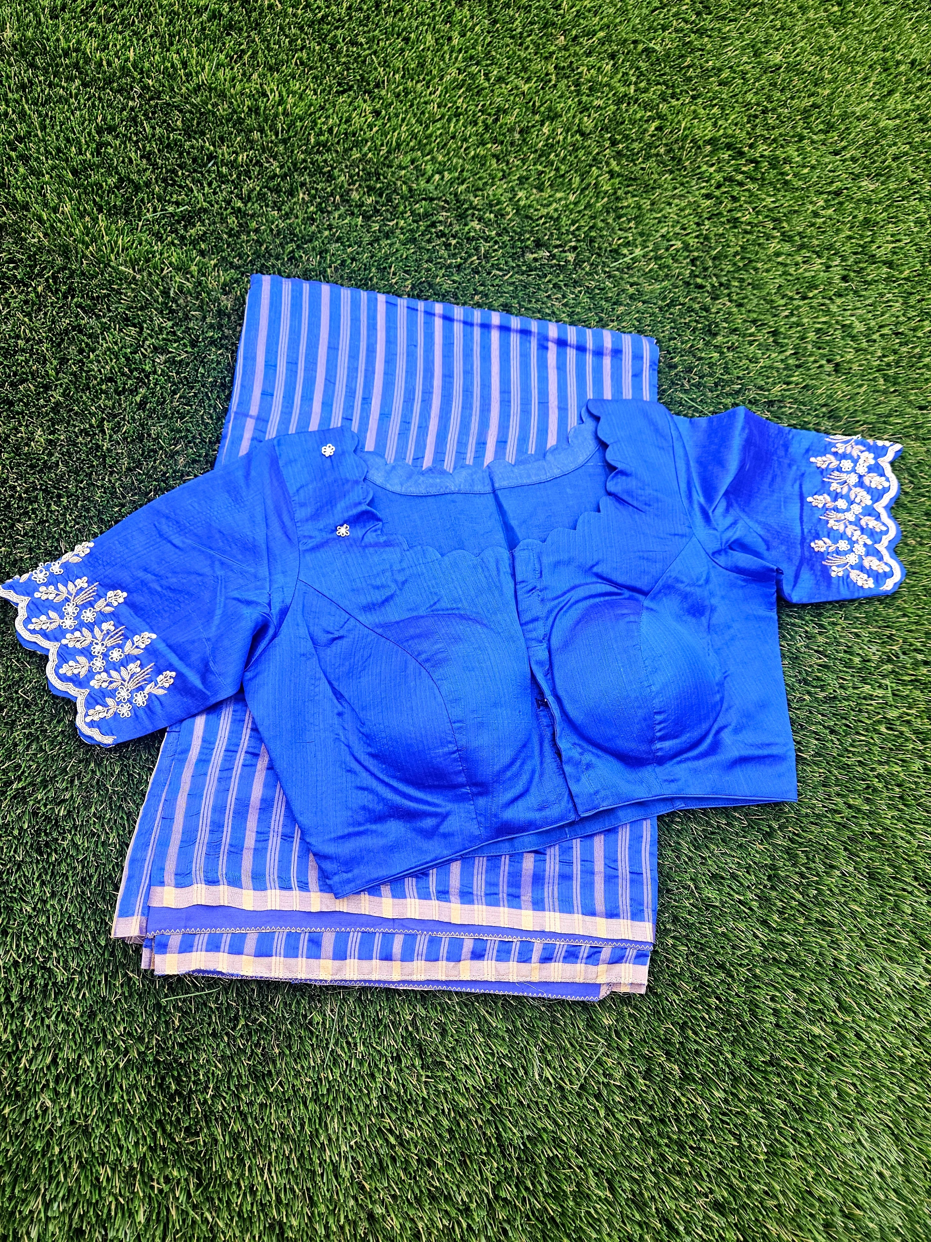 Gold Chanderi silk saree with handwoven zari and blue striped blouse, ideal for weddings and festive occasions