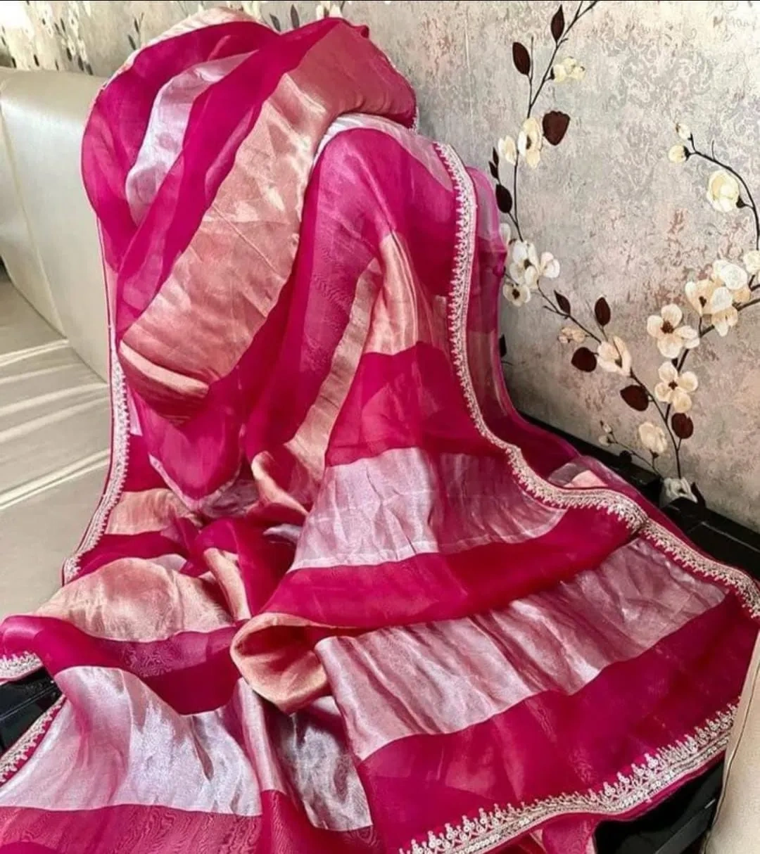 Pure handwoven Banarasi tissue silk saree in gold with bold magenta stripes and intricate silver zari border, festive wear