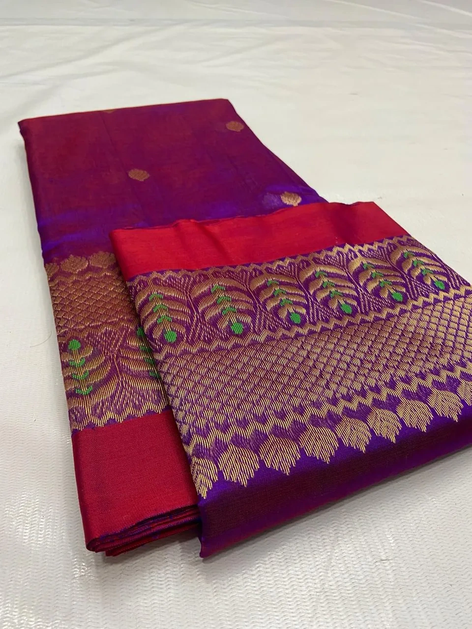 Pure Chanderi silk saree in golden beige with rich purple and red pallu, zari work, and maggam embroidered blouse piece