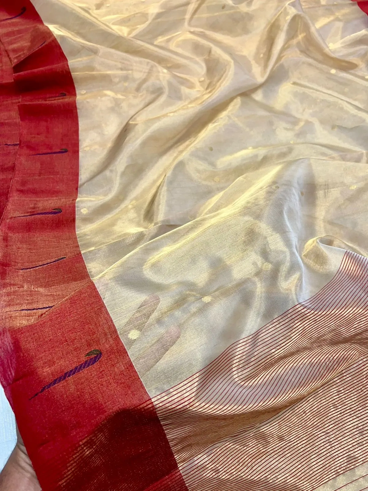 Pure Chanderi silk pattu saree in gold with a rich maroon border and subtle zari detailing, perfect for weddings.