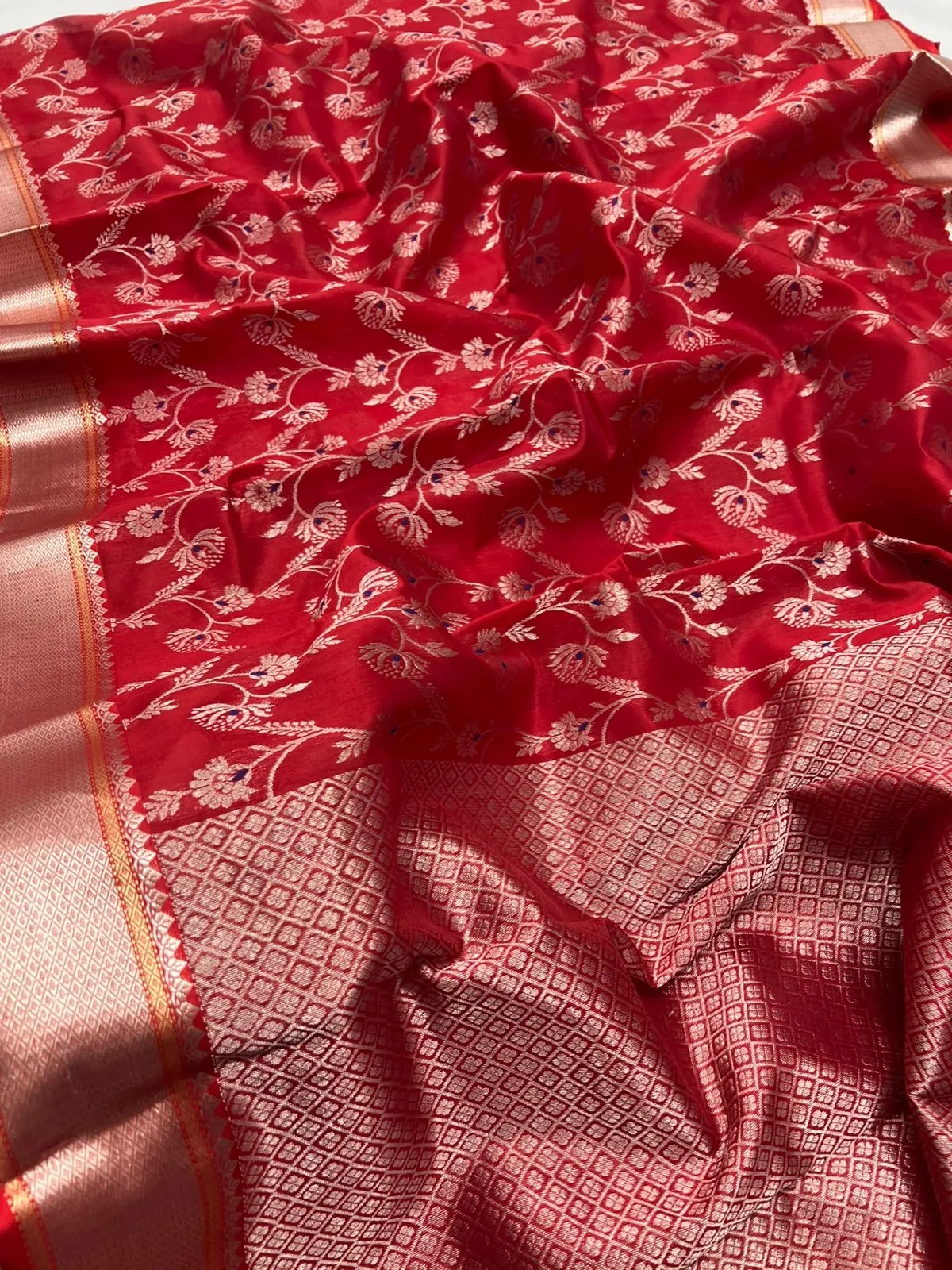 Pure Chanderi silk saree in gold pastel with intricate zari embroidery, floral and geometric patterns, ideal for weddings.