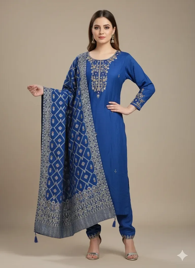 Royal Blue Dola Silk Suit with Zari Embroidery & Heritage Dupatta - ethnic Indian fashion from Swathi Design
