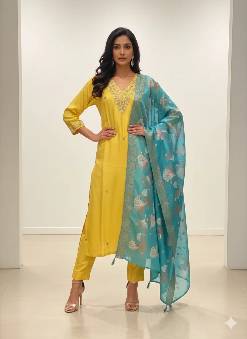 Yellow Dola silk kurta set with V-neck embroidery, matching pants, and teal blue dupatta featuring silver motifs.