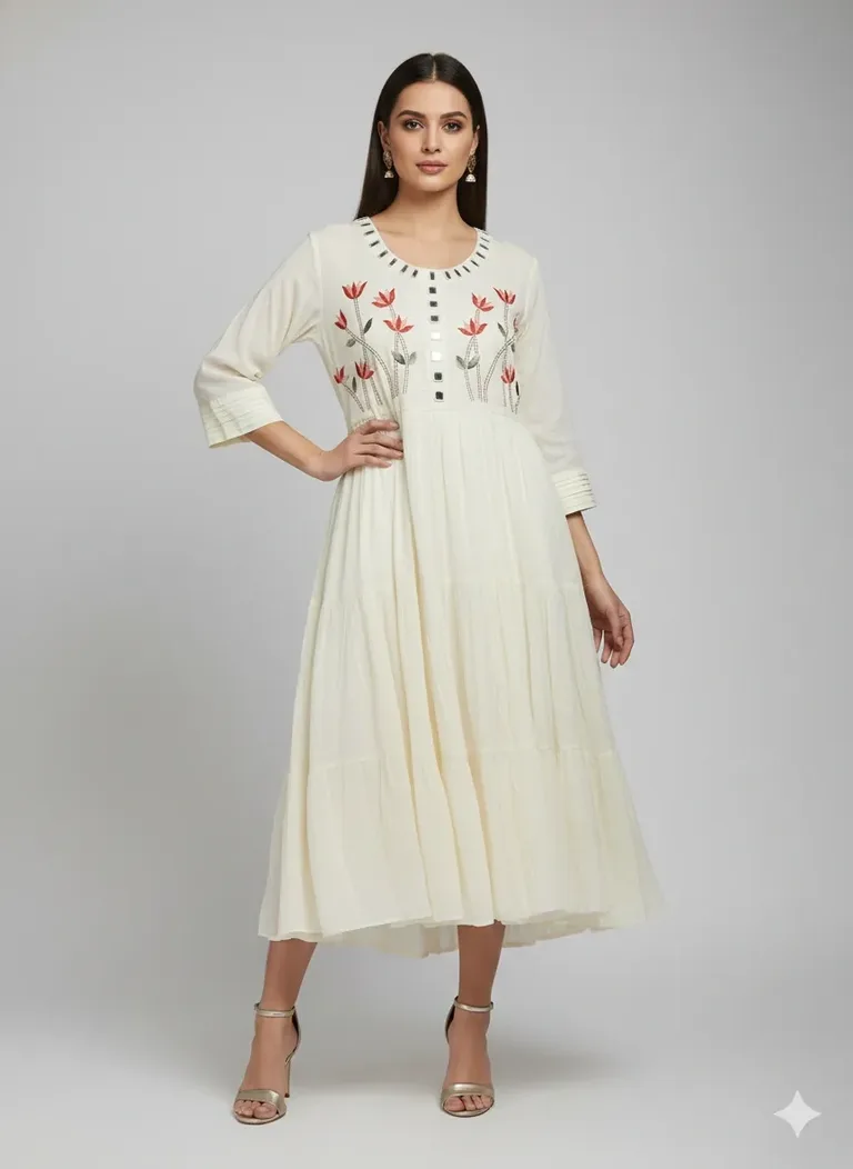 Cream Mul Cotton Tiered Frock with Red Embroidery & Mirror Accents - ethnic Indian fashion from Swathi Design