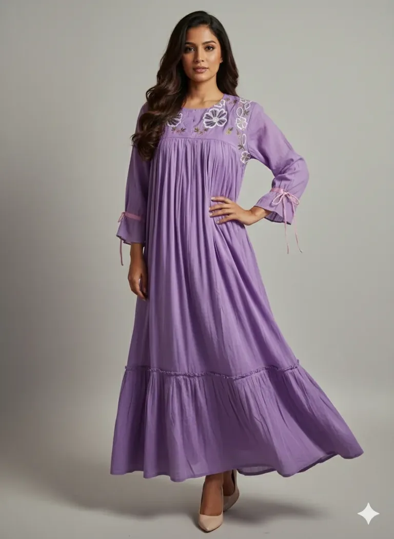 Purple Mul Cotton Frock with Floral Embroidery & Pink Sleeve Ties - ethnic Indian fashion from Swathi Design