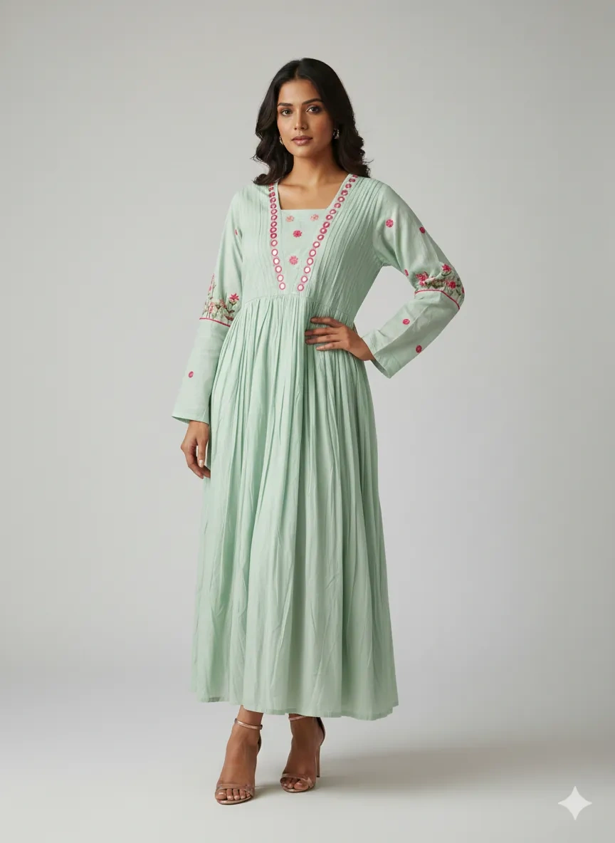 Mint green mul cotton frock with long sleeves, hand-embroidered mirror work and pink floral detailing, ankle length
