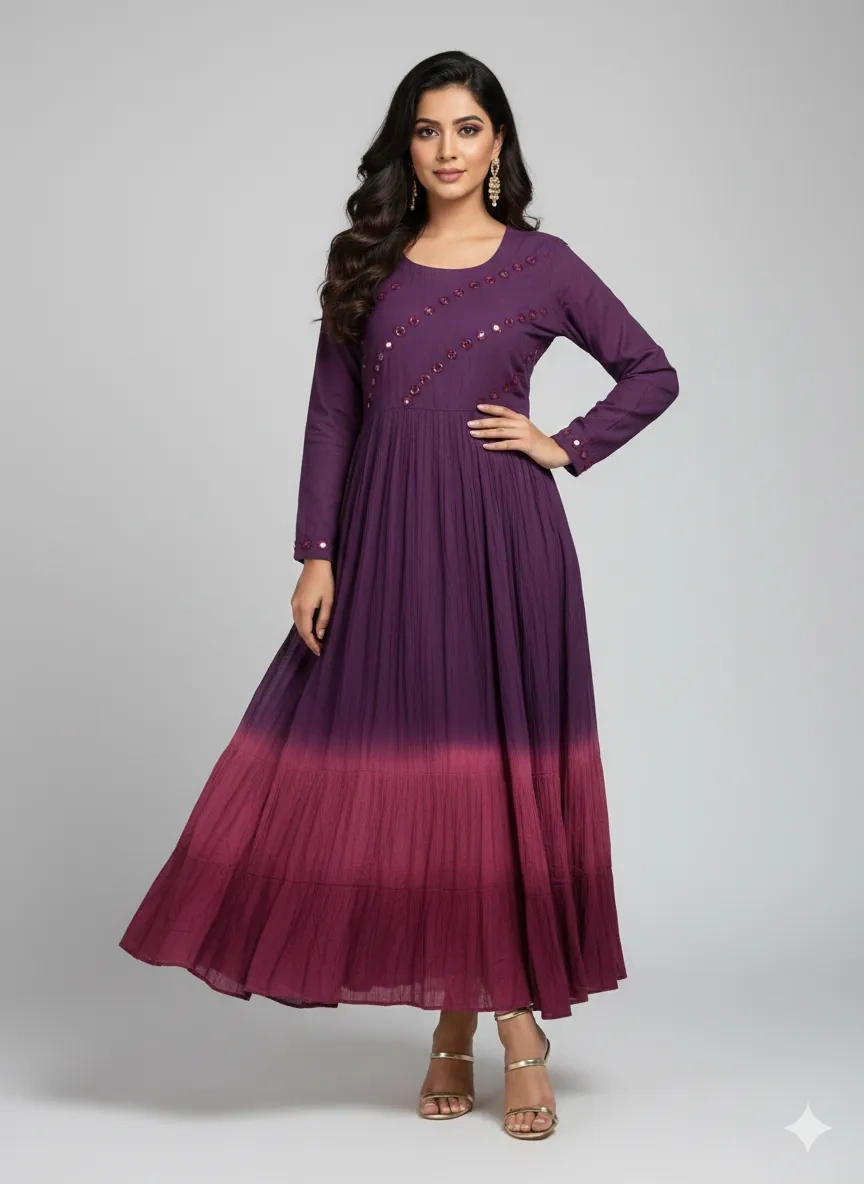 Deep purple ombre mul cotton Anarkali frock with mirror work detailing, long sleeves, and ruffle hem, floor-length style