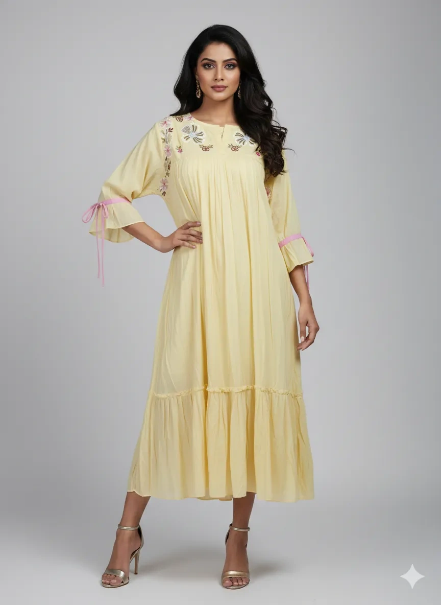 Sunshine yellow mul cotton dress with floral embroidery, ruffled hem, and bell sleeves, styled for a festive look.