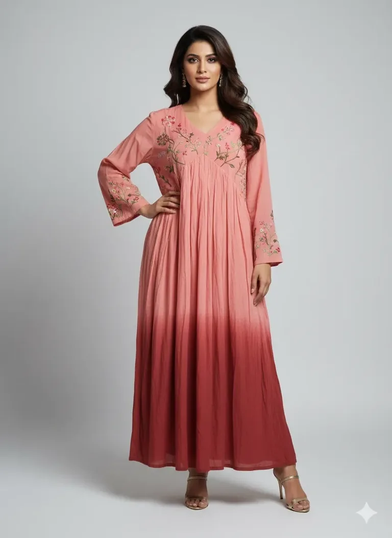 Sunset Ombre Mul Cotton Kurti Set with Embroidered Floral Elegance - ethnic Indian fashion from Swathi Design