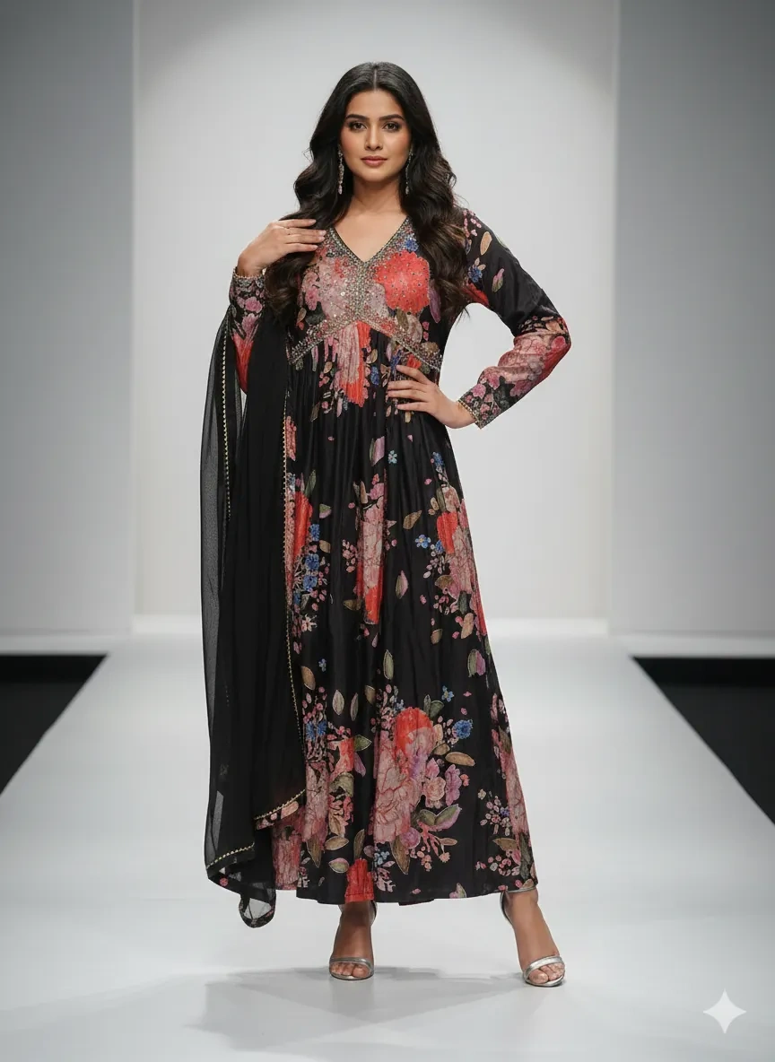 Black silk Anarkali gown with vibrant hand-embroidered floral details, full sleeves, and matching dupatta for weddings