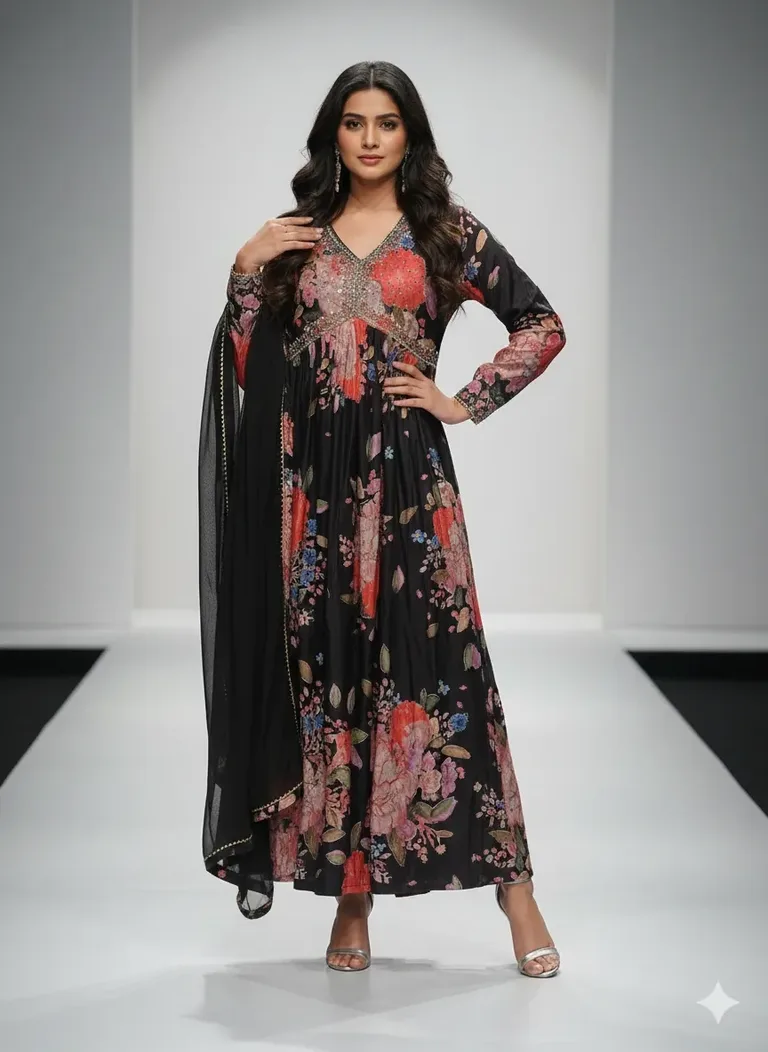 Black Silk Anarkali Gown with Floral Embroidery for Indian Weddings - ethnic Indian fashion from Swathi Design