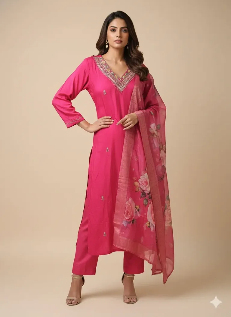 Rani Pink Silk Wedding Suit with Embroidered Dupatta & Zari Work - ethnic Indian fashion from Swathi Design