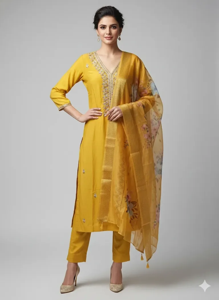 Mustard Yellow Muslin Anarkali Dress with Zari Dupatta