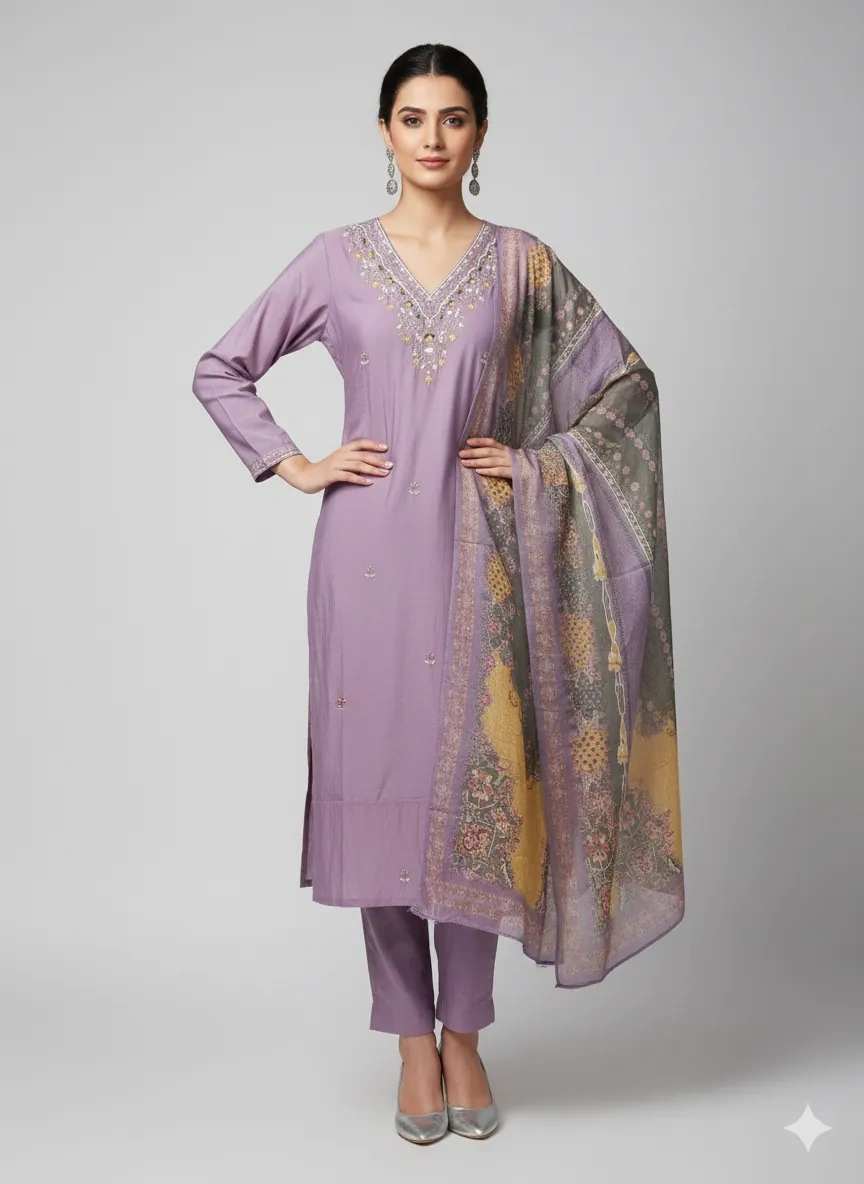 Lavender muslin lehenga set with hand-embroidered kurta, paisley patterned dupatta, and matching pants, ideal for weddings.