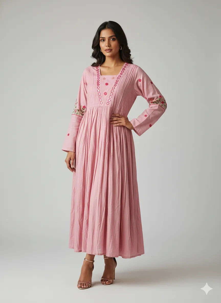 Blush pink mul cotton Anarkali frock featuring mirror work and floral embroidery on sleeves, full-length, long sleeves.