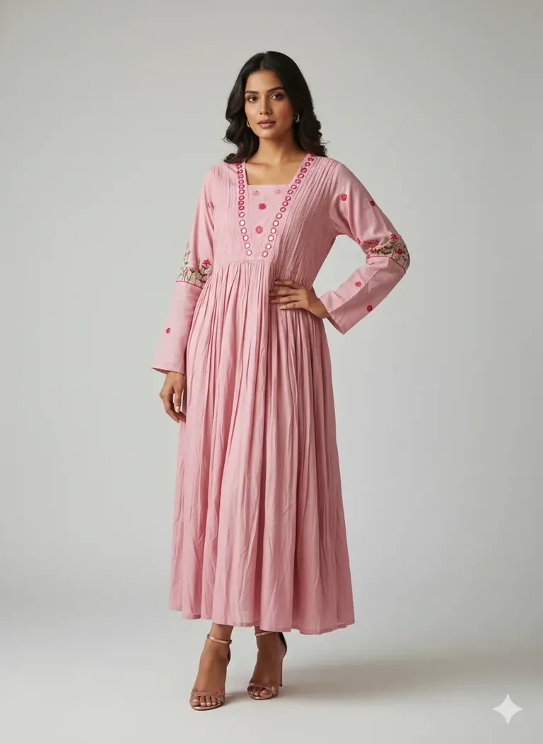 Blush Pink Mul Cotton Frock with Mirror Work and Floral Embroidery