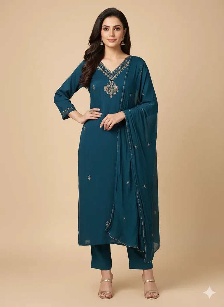 Deep Teal Anarkali Gown - Gold Zari Embroidered Indian Wedding Saree Dress - ethnic Indian fashion from Swathi Design