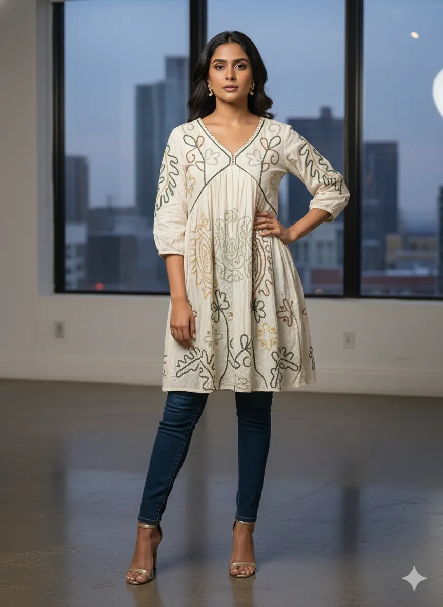 Cream cotton embroidered tunic with floral patterns and lace trim, three-quarter sleeves, festive Indian ethnic wear