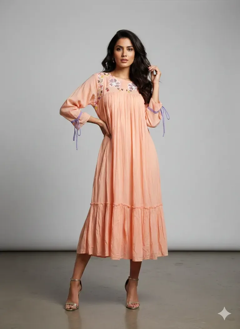 Peach Mul Cotton Embroidered Frock with Tiered Hem & Tie-Up Sleeves - ethnic Indian fashion from Swathi Design