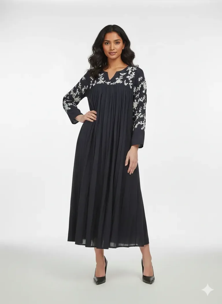 Midnight Black Mul Cotton Frock with White Floral Embroidery - ethnic Indian fashion from Swathi Design
