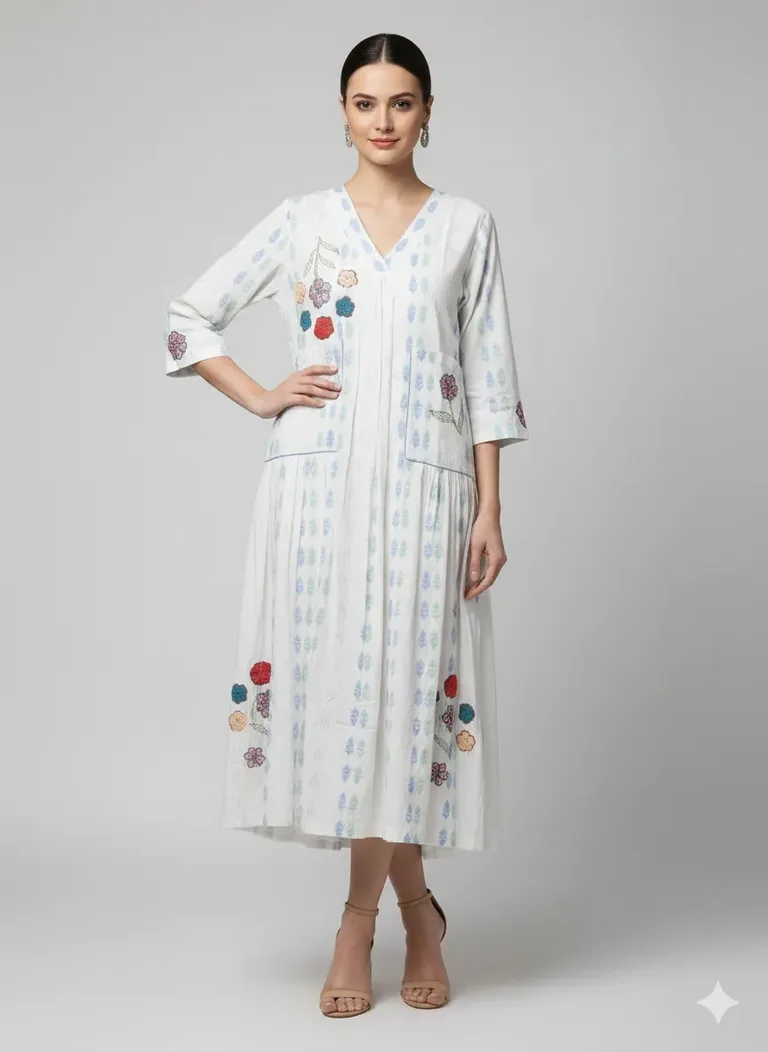 White Mul Cotton Frock with Floral Embroidery & Slimming Block Prints - ethnic Indian fashion from Swathi Design