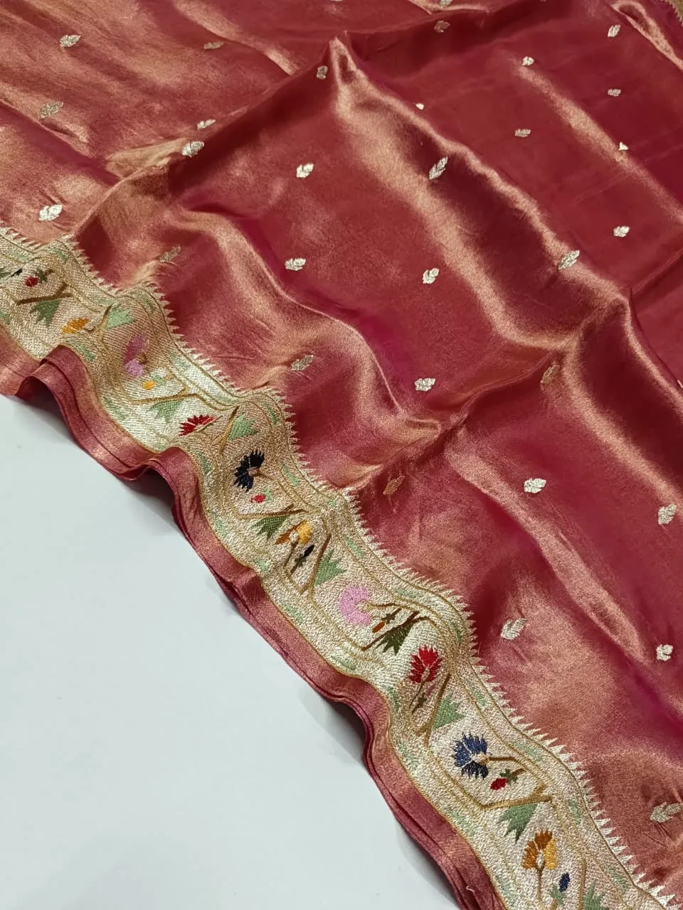 Pure Banarasi Kora tissue saree in rose gold with gold and silver zari, floral border, ideal for weddings and festivals