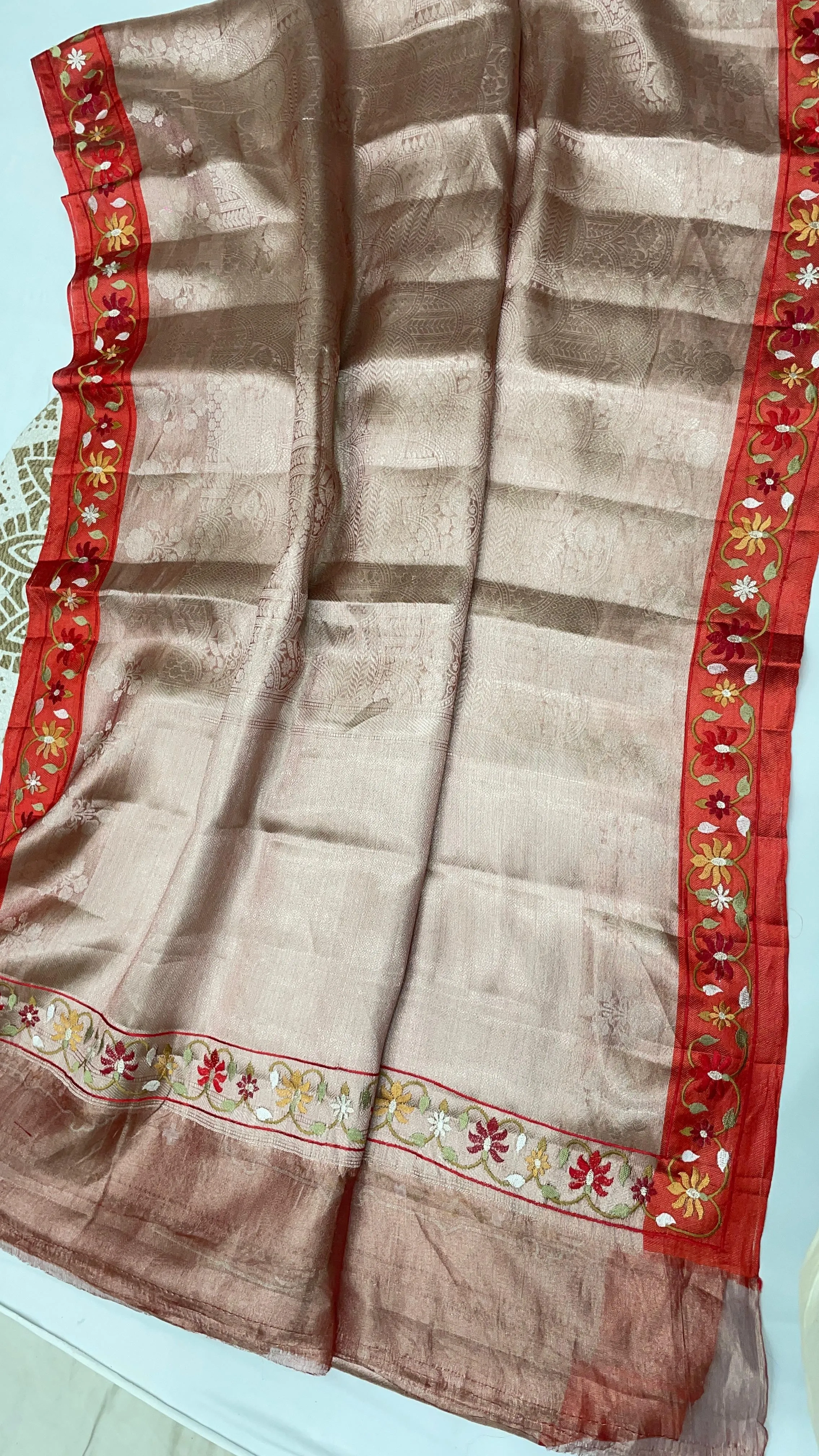 Handwoven golden Banarasi tissue saree with red floral embroidered border, pure brocade, elegant wedding or party wear