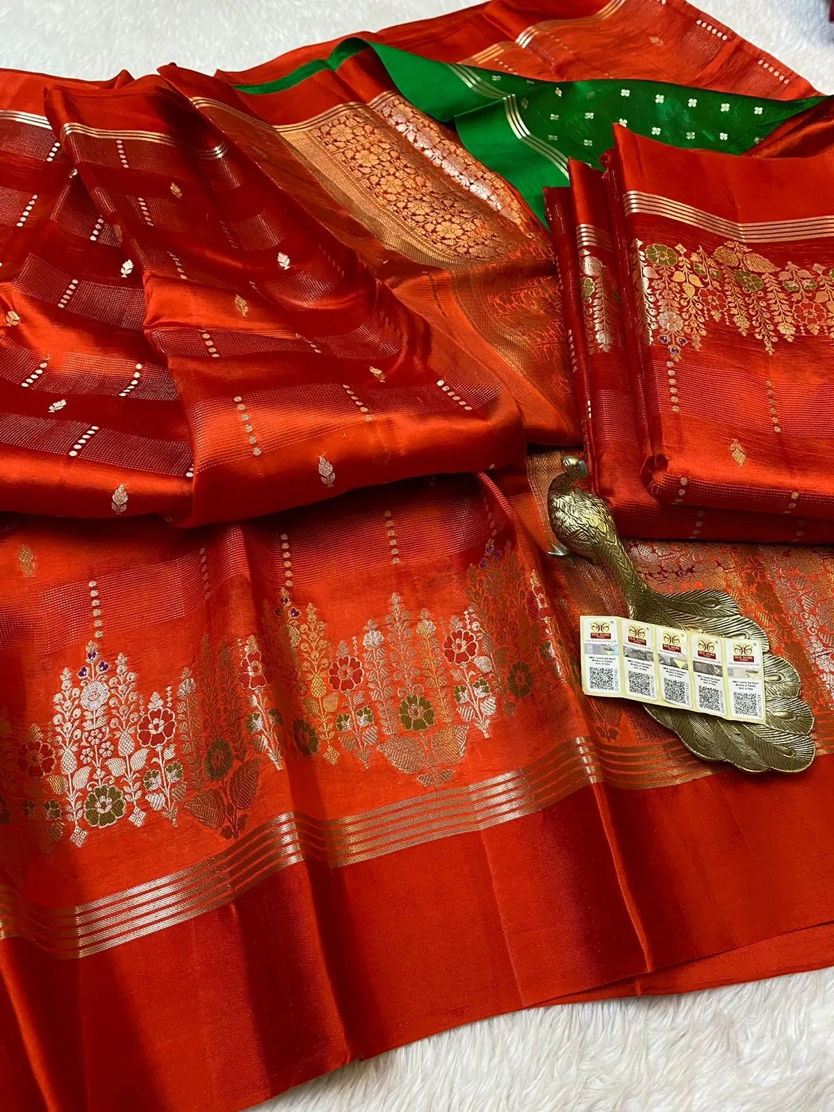 Pure handloom silk pattu saree in vibrant mango yellow and red with gold zari floral motifs, perfect for weddings and festivals