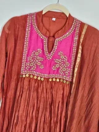 Pure Mul Chanderi silk 3-piece set with golden kurta, pink embroidered yoke, and matching dupatta for weddings.
