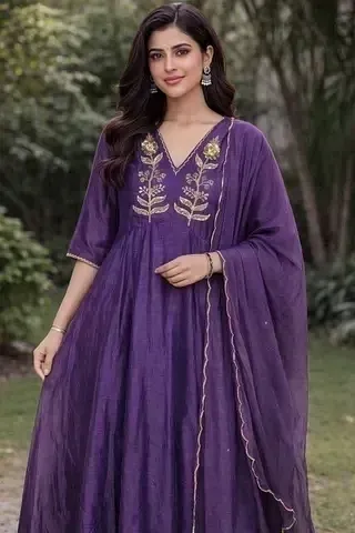 Royal Purple Chanderi Anarkali Dress with Gold Zari