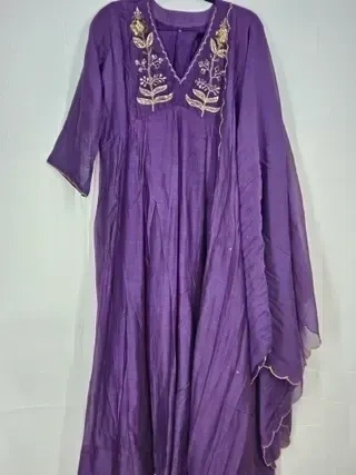 Royal purple Mul Chanderi Anarkali dress with gold zari floral embroidery on the bodice, ideal for weddings and festivals