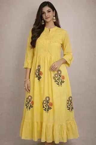 Soft Beige Mul Cotton A-Line Ethnic Dress for Weddings & Festivals - ethnic Indian fashion from Swathi Design