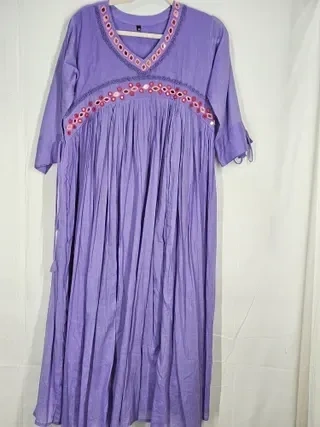 Handcrafted mul cotton ethnic frock dress in lavender with pink embroidered yoke, three-quarter sleeves, and flared skirt