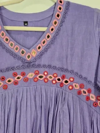 Handcrafted mul cotton ethnic frock dress in lavender with pink and red embroidered mirror work, perfect for festivals and weddings.